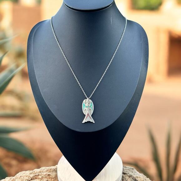 Nickel Silver Peyote Bird Pendant Necklace Turquoise Coral Inlay Southwestern - Picture 3 of 6